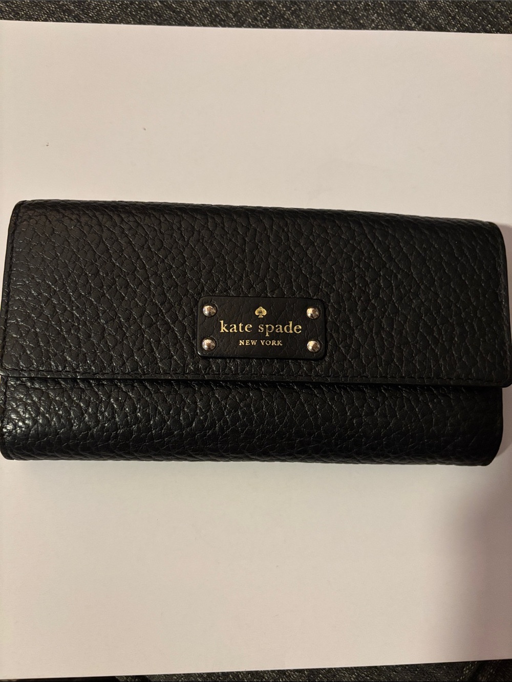 Kate Spade Black Pebbled Leather Continental Wallet with Gold Logo Plate